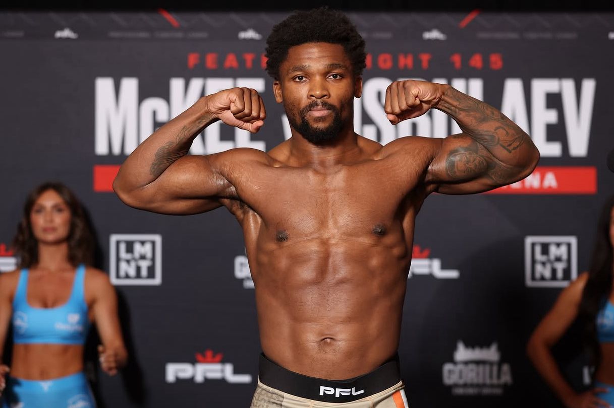 Abraham Bably flexing at a PFL weigh-in